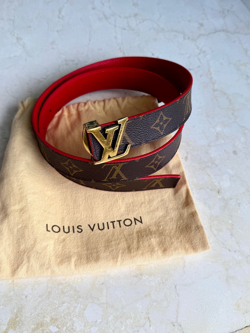 Louis Vuitton Brown Monogram Canvas Belt with Red Edge and Gold LV Buckle